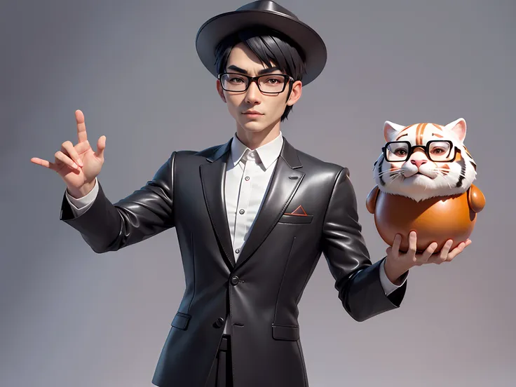 Young man with oriental face in leather hat, tiger, oriental face in formal suit, short black hair, silver glasses, digital painting, 3D character design by Mark Clairedon and Pixar and Hayao Miyazaki and Akira Toriyama, the illustration is a high-definiti...