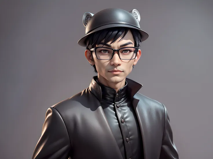 Young man with oriental face in leather hat, tiger, oriental face in formal suit, short black hair, silver glasses, digital painting, 3D character design by Mark Clairedon and Pixar and Hayao Miyazaki and Akira Toriyama, the illustration is a high-definiti...