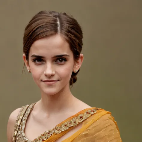 Emma Watson wearing an Indian saree, radiating a cute and shy smile, with exquisite details in every aspect.