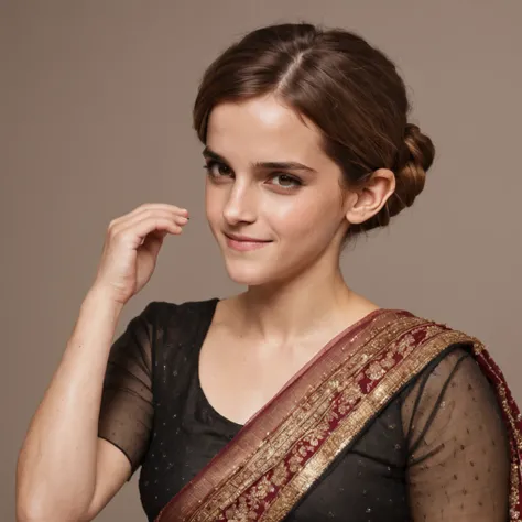 Emma Watson wearing an Indian saree, radiating a cute and shy smile, with exquisite details in every aspect.