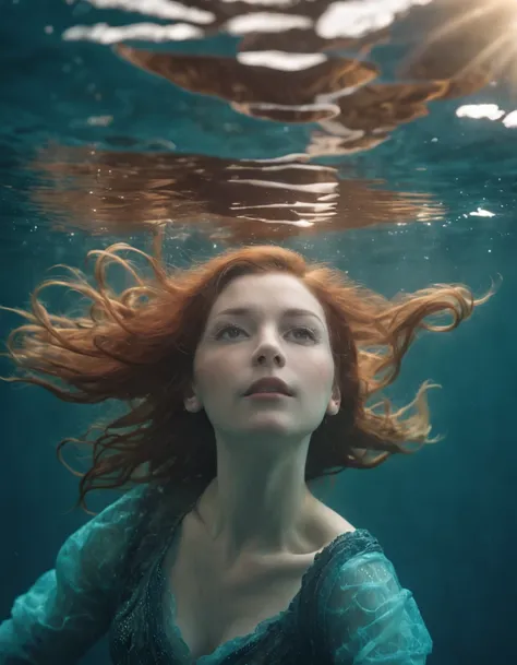 ocean floor，1girll，Floating hair，Eyes with stories，looks into camera，Hair flows in water，Full body like，1 giant koi， Buble，airbubble， Under the water， The sun refracts light， dingdall effect，8K, Super meticulous, Best quality, Masterpiece, Photorealsitic，s...