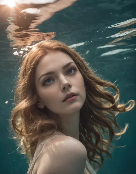 ocean floor，1girll，Floating hair，Eyes with stories，looks into camera，Hair flows in water，Full body like，1 giant koi， Buble，airbubble， Under the water， The sun refracts light， dingdall effect，8K, Super meticulous, Best quality, Masterpiece, Photorealsitic，s...