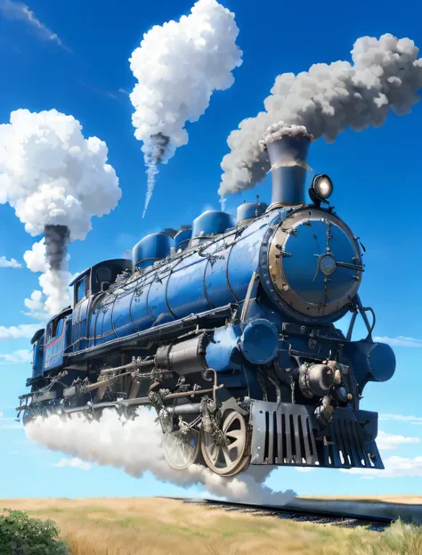 Araffe steam-engined train traveling on a track with smoke billowing from it, grandes motores azuis, steam engine, Nuvens de vapor, trem a vapor, steam and smoke, locomotiva, Choo Choo, Trem, motor grande, vapor branco na lateral, trens a vapor, expresso p...