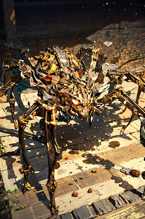 There is a large spider sculpture made of metal and wood, aranha steampunk, Mechanical spider legs, Alexey Egorov, arachnid, Arte do disco elysium, Directed by: Aleksander Kotsis, inseto steampunk, steampunk robot scorpio, Directed by: Aleksander Gierymski...