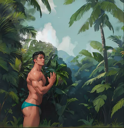 painting of a man in a blue thong standing in front of a giant leaf plant and holding it, sensible meaningful continuation with tropical-forest and leaves and flowers and trees environment to the original image,   detailed digital painting