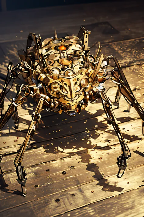 There is a metal spider made of various parts on a wooden floor, Mechanical spider legs, aranha steampunk, steampunk robot ant, made up of many bits of metal, steampunk robot scorpio, inseto steampunk, obras de arte intrincadas. octan render, intricate mec...