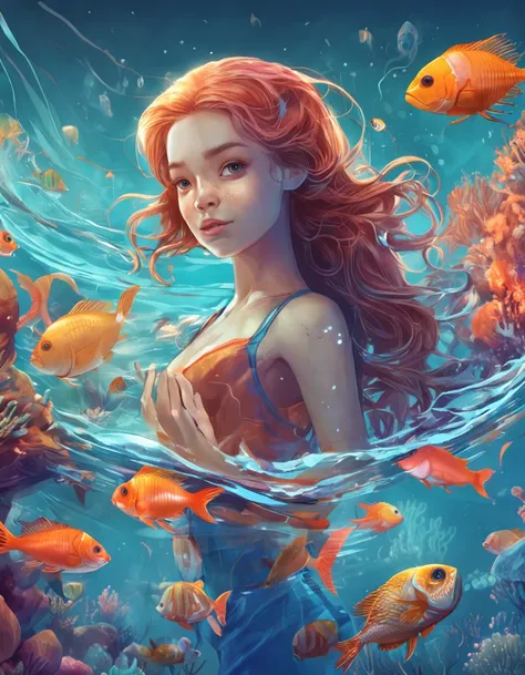 ocean floor，1girll，Floating hair，Eyes with stories，looks into camera，Hair flows in water，Full body like，1 giant koi， Buble，airbubble， Under the water， The sun refracts light， dingdall effect，8K, Super meticulous, Best quality, Masterpiece, Photorealsitic，s...