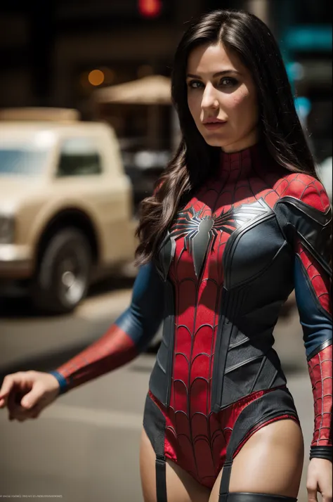 1woman, looking at the viewer, in a full body (spider-man costume), cosplay, black hair, alone, (solo:1.2), bokeh, , (highly det...