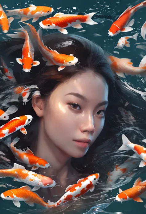 Koi swimming girl in the air，The waves chase life，depth of fields，high light，Real light，Ray traching，oc rendered，Hyper-realistic，best qualtiy，8K，Works of masters，super-fine，Detailed pubic hair，Correct anatomy，Bokeh，Facial features are carefully depicted