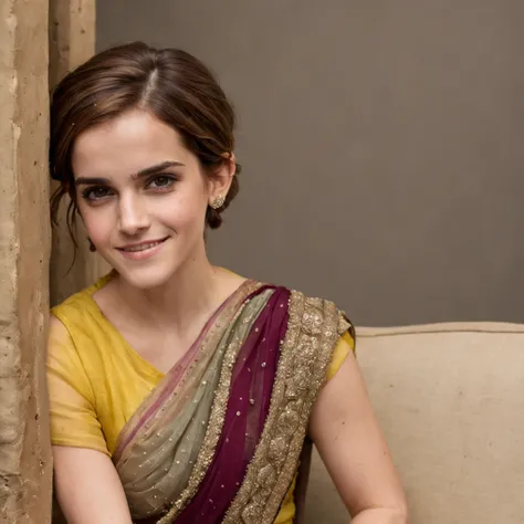 "Emma Watson, in her 30s, donning an exquisite Indian saree, showcasing intricate details from head to toe. She radiates a charming smile with a hint of shyness, accentuating every facet of her beauty, adorned with elegant jewelry."