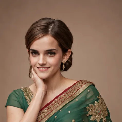 "Emma Watson, in her 30s, donning an exquisite Indian saree, showcasing intricate details from head to toe. She radiates a charming smile with a hint of shyness, accentuating every facet of her beauty, adorned with elegant jewelry."