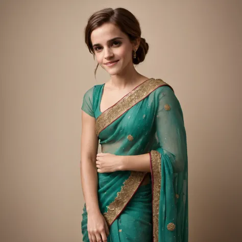 "Emma Watson, in her 30s, donning an exquisite Indian saree, showcasing intricate details from head to toe. She radiates a charming smile with a hint of shyness, accentuating every facet of her beauty, adorned with elegant jewelry."