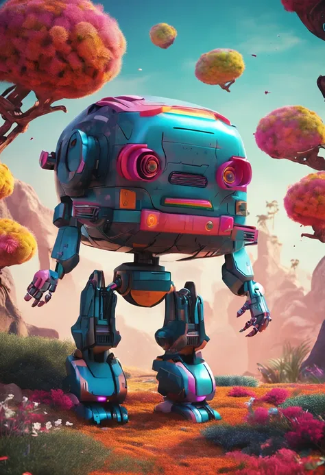 Describe a cartoon robot with a bold and futuristic design, holding an exotic and colorful flower. It must convey the perception of an encounter between technology and nature.