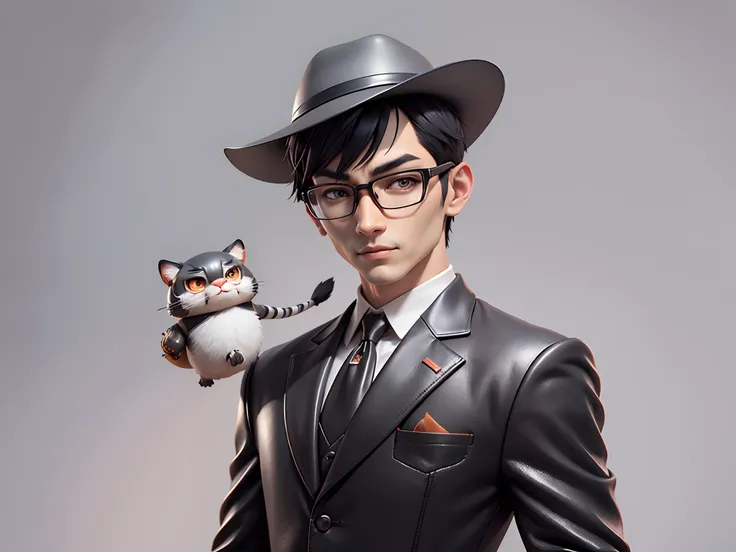 Young man with oriental face in leather hat, tiger, oriental face in formal suit, short black hair, silver glasses, digital painting, 3D character design by Mark Clairedon and Pixar and Hayao Miyazaki and Akira Toriyama, the illustration is a high-definiti...