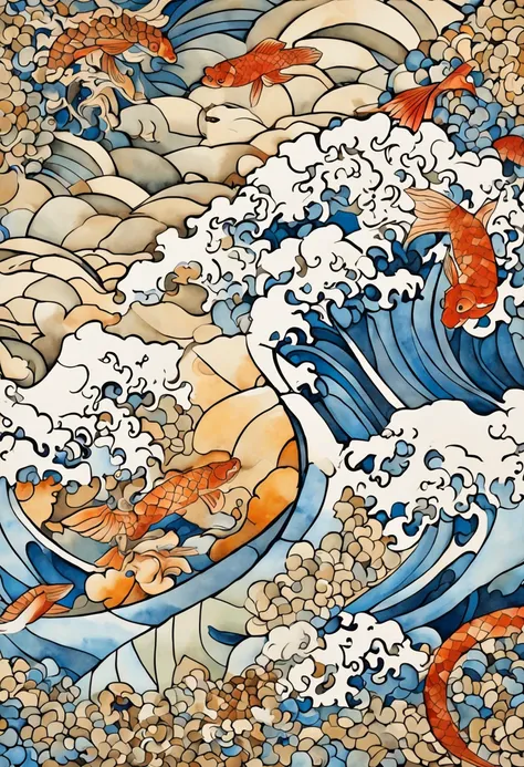 mosaic、hokusai style, style of hokusai, ukiyoe painting,Mosaic is strong、Not visible in mosaic、Pixel art、Artistically、The Great Wave of Kamikawa