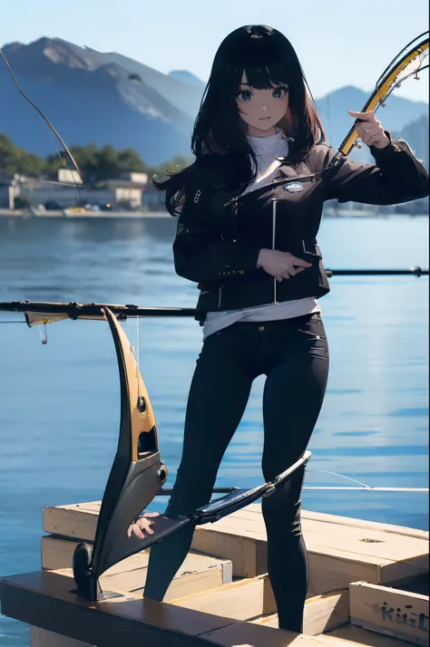 ((((having a fishing rod with a reel by the lakeside:1.5)))),((Female 28 years old)),((Best Quality:1.5)),(((Hands with the correct number and structure of fingers:1.4))),((Big fish:1.37)),hight resolution,ultra-detailliert,​masterpiece,best qualtiy,(Eight...