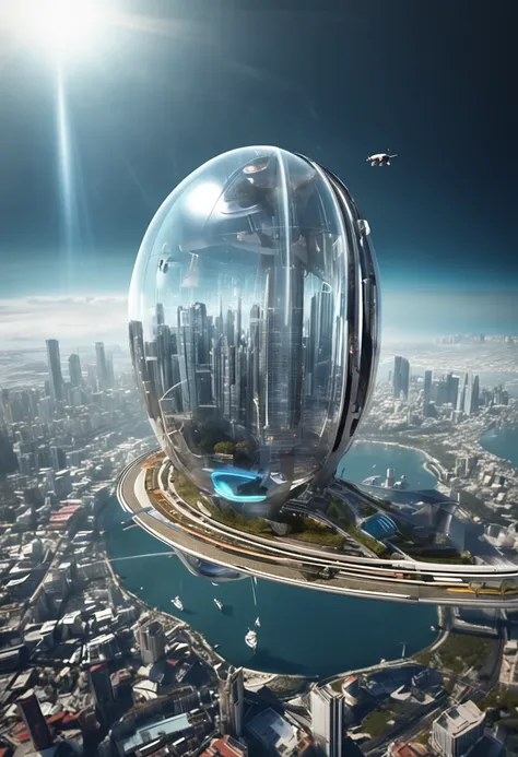 future cargo ship, design oval, cabine transparente showing piloto, flying at altitude over a city with gleaming buildings on a planet illuminated by the midday sun,  (4K, 16K, masterpiece, raw photo, best quality, details), (beautiful, aesthetic, perfect,...