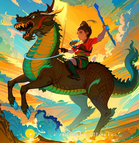 Painting of a woman riding a horse with a sword and dragon, Dragon Rider, Dragon Ride, android jones and rhads, epic fantasy digital art style, teenage girl riding a dragon, Fat Dragon vs. Rider, Childrens Art in Artstation, Epic Fantasy Illustration, Jesu...