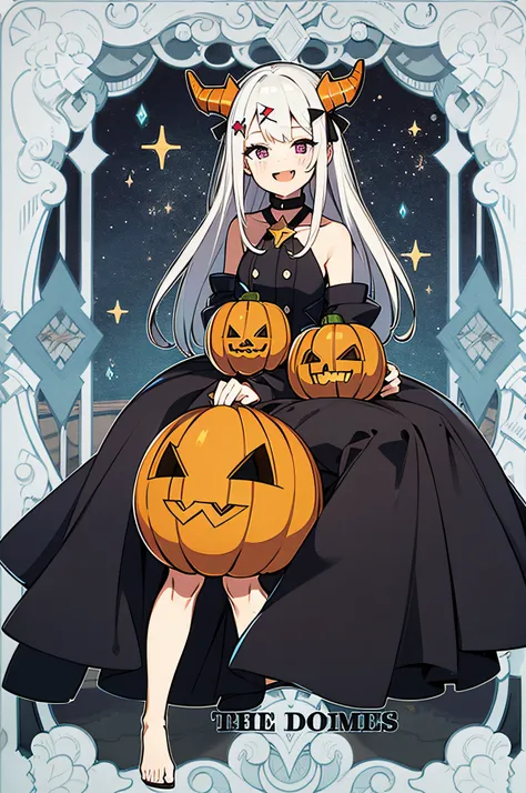 Under the dark starry sky，Maiden sitting on the roof，She has pure white hair，Purple eye，Loose hair，There is a pair of cute demon horns on the head，Wearing cute pumpkin head-shaped hairpins and star hairpins，There is a button in the shape of a pumpkin head ...