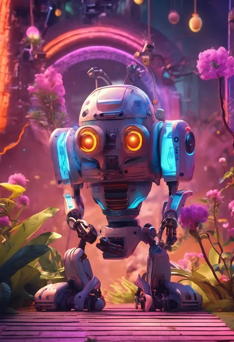 Imagine a cartoon robot with a futuristic design, holding an exotic and colorful flower