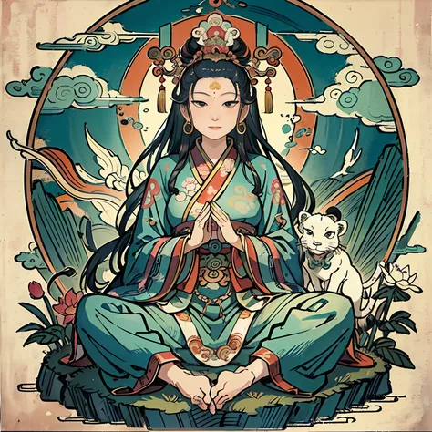 an ancient Chinese goddess, guanyin of the southern seas, Guanyin, Inspired by India, Avalokiteshvara rides a lion，,Serene expression,shui mo hua,Buddha,Buddhist,Lotus,Chinese painting style,Thangka style