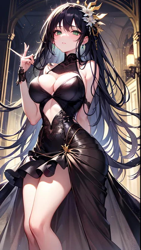 Masterpiece, dreamlike art, ultra detailed, absurdres, 1 girl, solo, full picture, long black hair, dripping_hair, green eyes like gemstone, young woman,wind blowing, holding down own skirt, gracious intricate black wedding dress with black stockings, ultr...