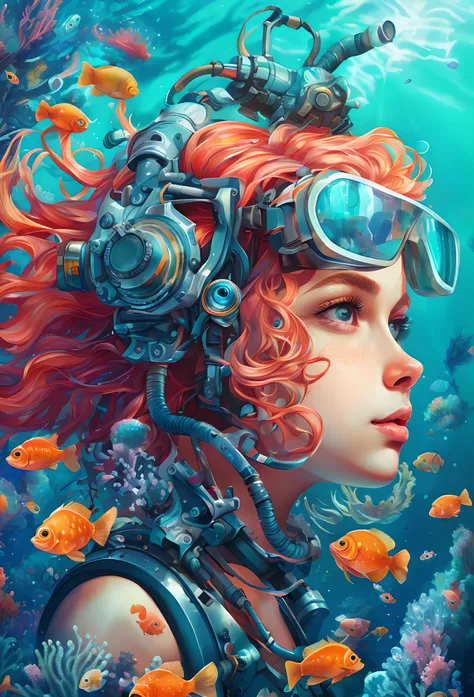 Close-up of a woman wearing goggles and a fish tank, Beautiful digital artwork, stunning digital illustration, A beautiful artwork illustration, 4k highly detailed digital art, Beautiful digital illustration, gorgeous digital art, 4K detailed digital art, ...