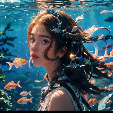 ocean floor，1girll，floating hair，eyes with stories，looks into camera，hair flows in water，full body like，close-up of the shot，1 g...