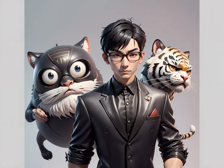 Young man with oriental face in leather hat, tiger, oriental face in formal suit, short black hair, silver glasses, digital painting, 3D character design by Mark Clairedon and Pixar and Hayao Miyazaki and Akira Toriyama, the illustration is a high-definiti...