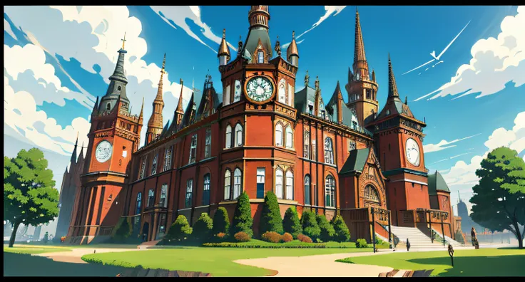 At the Steampunk Worlds Fair, Huge shiny machines and gears，Pipes and balloons, Victorian wood white building, Beautiful, Vivid, Sunny, anime film still, Ghibli style, --v 6