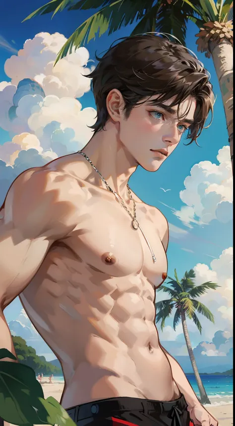 Best quality, masterpiece, potrait, avatar, half-body, 1 man, tall muscular guy, male, man focus, man only, short brown hair, flying bangs, turquoise eyes, swimsuit, 3/4 side, bright eyes, brilliant scene, sky, looking down, looking at the viewers, beach b...