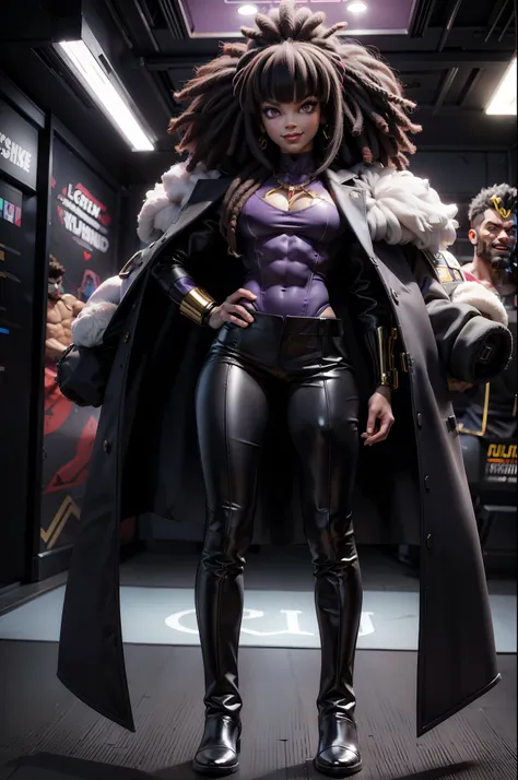 Full body standing), Full body shot, Full body, flat vector, pop-art, Big Purple Dread Afro, Keep the actual computer, Wearing a nice suit, muscular guy, Wearing a lot of jewelry , Comic Hero Characters, Big Mouth Gold Tooth Smile, Male Warrior Character D...