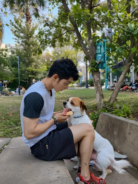 there is a man sitting on a bench with a dog, with stray dogs, with his hyperactive little dog, with dogs, having a snack, friendly guy and small creature, at a park, ruan jia and brom, eating outside, in a park, with ivy, taken with sony alpha 9, nostalgi...