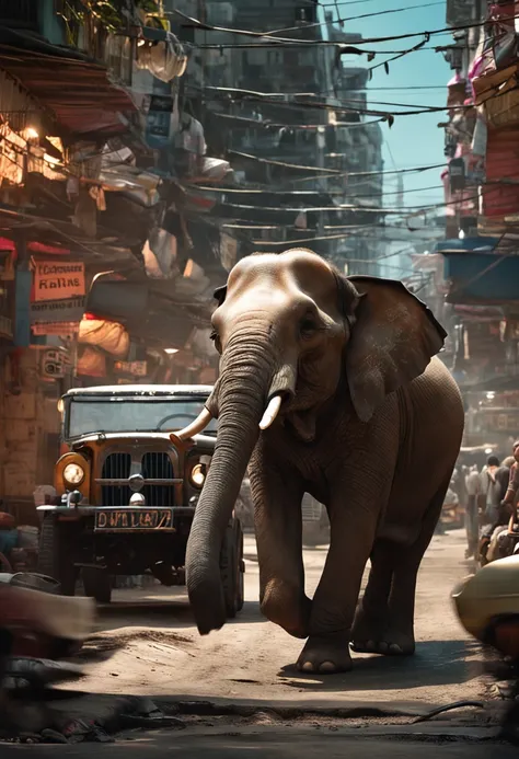 Elephants drive cars through the streets of the city