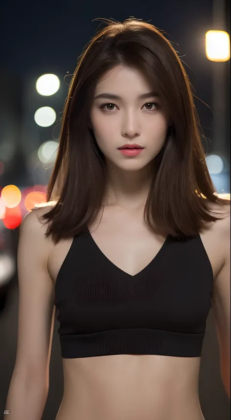 ((Realistic lighting, Best quality, 8K, Masterpiece: 1.3)), Clear focus: 1.2, 1girl, Perfect Figure: 1.4, Slim Abs: 1.1, ((Dark brown hair)), (White crop top: 1.4), (Outdoor, Night: 1.1), City streets, Super fine face, Fine eyes, Double eyelids,