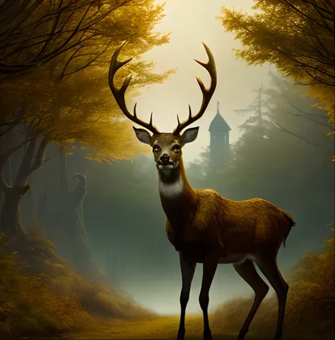 A Mystical Deer with large Antlers Within a Forest with a Golden Tree in the background, Acre Castle in the background