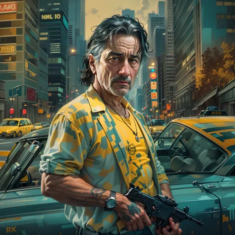 A painting of a man Robert De Niro ( with black hair), gangster pose and look, Miami City background, street, taxi cab, perfect Art, Art, Intricate Digital Painting, original Artwork, Illustration, guns in the background digital art, masterpiece Illustrati...