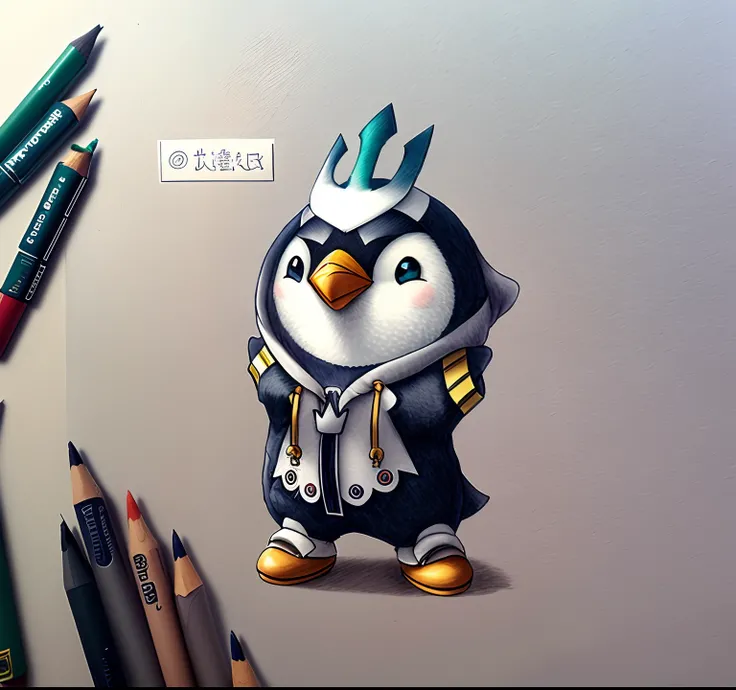 Draw a penguin with a hoodie and scarf, mecha anthropomorphic penguin, anthropomorphic penguin, penguin, Detailed fanart, cute drawing, author：Chen Jiesheng, penguinz0, cute detailed artwork, High-quality fanart, author：Igiles, cute artwork, author：Master ...