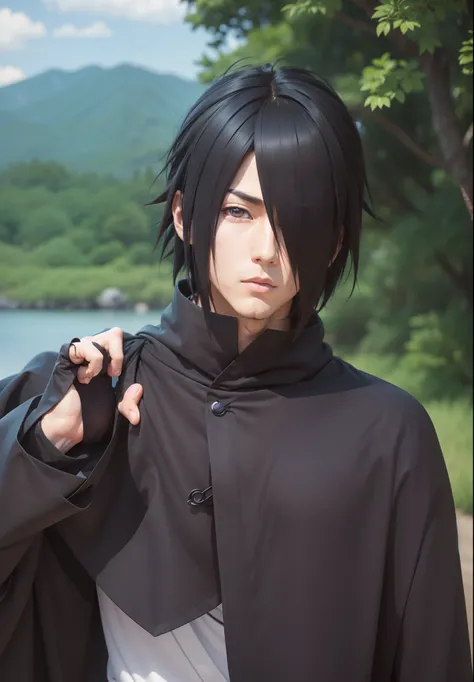 A real life adaption of this character,his name is uchiha Sasuke from anime naruto ,hyper realistic ,detailed hair, high resolution, photorealistic,very detailed,realistic outfit ,Japanese teen handsome ,detailed shining eyes,