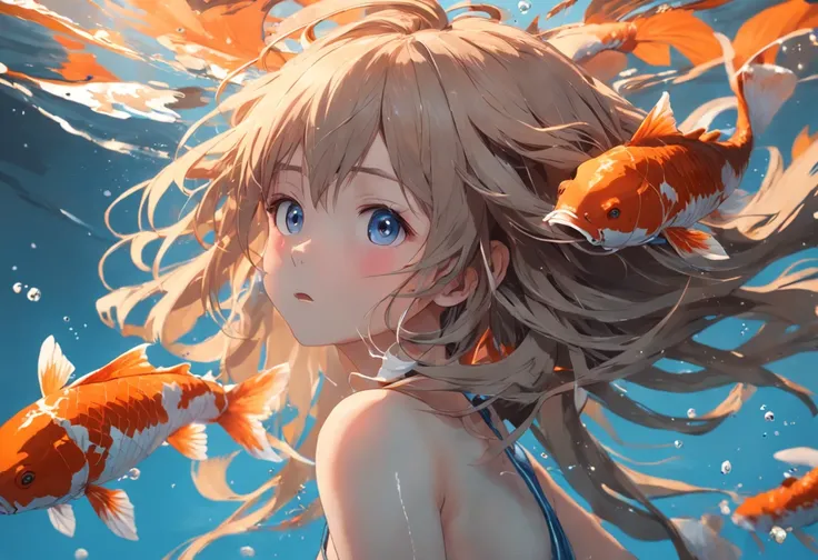 Koi swimming girl in the air，Long messy hair，The waves chase life，depth of fields，high light，Real light，Ray traching，oc rendered，Hyper-realistic，best qualtiy，8K，Works of masters，super-fine，Detailed pubic hair，Correct anatomy，