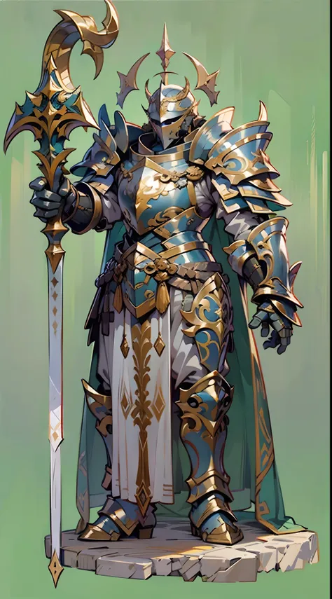 Game character design，holy paladin，Quaint and heavy armor wraps the entire body，shelmet，Holding a stout and ornate scepter，heavy boots，（full bodyesbian：1.4），frontage，solid color backdrop，clean backdrop，depth of fields，high light，Real light，Ray traching，oc ...