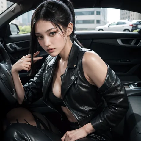 Backseat, black hair Bella Hadid Roseanne Park, hand tattoos, business-casual leather pants outfit, professional mafia, ponytail, production stills directed by Takeshi Miike