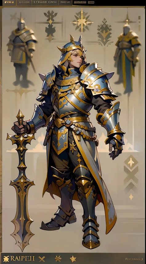 Game character design，holy paladin，Quaint and heavy armor wraps the entire body，shelmet，Holding a stout and ornate scepter，heavy boots，（full bodyesbian：1.4），on  back，solid color backdrop，clean backdrop，depth of fields，high light，Real light，Ray traching，oc ...