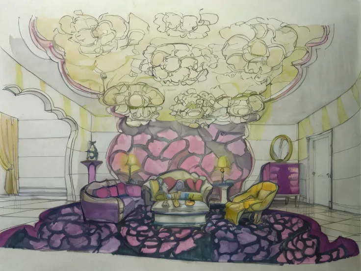 Drawing of the living room with sofa and table, water color and pen, colorful architectural drawing, conceptual drawing, inspired by Farid Mansour, !dream concept art, Set design, concept-art!!, in a candy land style house, detailed set design, concept-art...