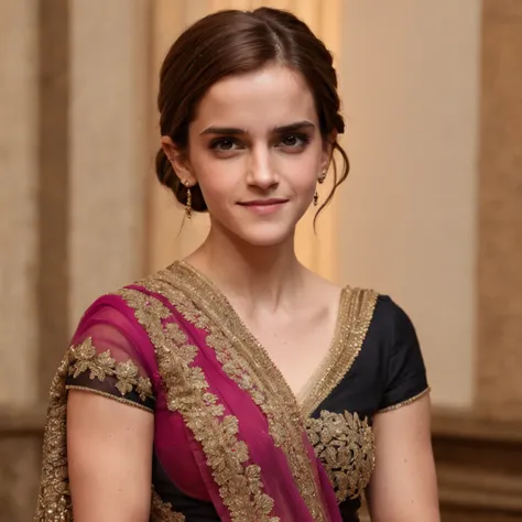 "Emma Watson, in her 30s, donning an exquisite Indian saree, showcasing intricate details from head to toe. She radiates a charming smile with a hint of shyness, accentuating every facet of her beauty, adorned with elegant jewelry."