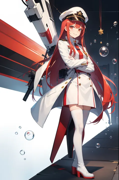 zero two, white military cap with a matching overcoat and boots, smiling face, office background, random pose, best quality, mechanic element increase, bubble effect, masterpieces, light make up, a pair of small red horn, perfect body shape, red hair