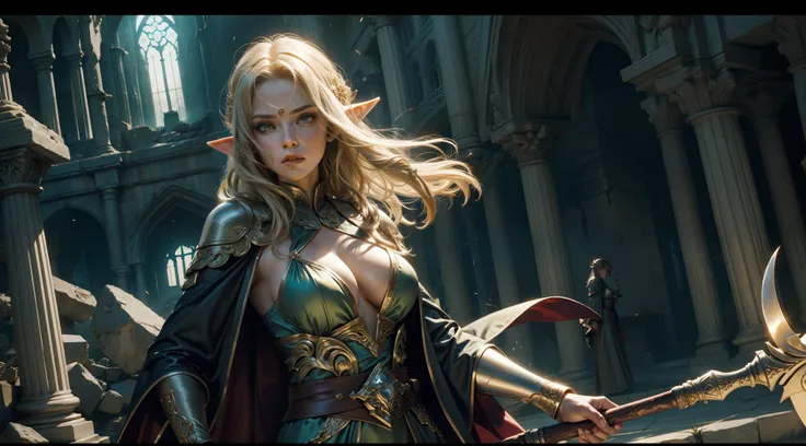 Female elf，Large breasts，Silk robes，Glowing scepter，dramatics，dynamicposes，The background is a ruin，（Mid-range portrait：1.3）