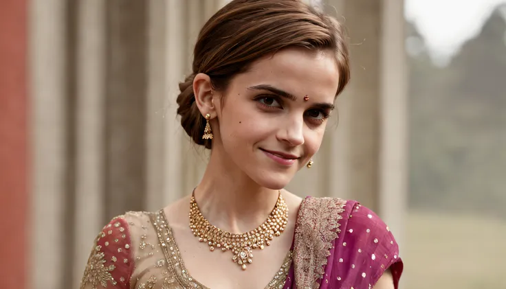 "Emma Watson, in her 30s, donning an exquisite Indian saree, showcasing intricate details from head to toe. She radiates a charming smile with a hint of shyness, accentuating every facet of her beauty, adorned with elegant jewelry."