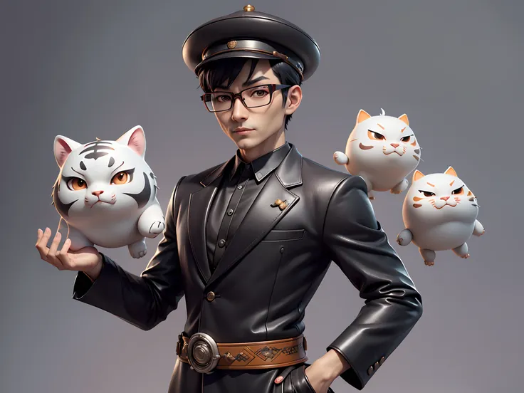 Young man with oriental face in leather hat, tiger, oriental face in formal suit, short black hair, silver glasses, digital painting, 3D character design by Mark Clairedon and Pixar and Hayao Miyazaki and Akira Toriyama, the illustration is a high-definiti...