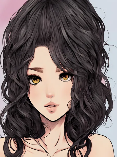 manhwa art style chica, con cabello largo negro y dos mechas blancas enfrente, ojos negros y de piel morena usando rosa